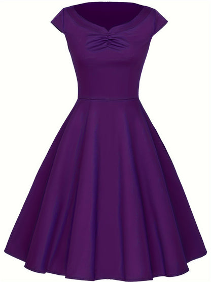 Vintage Short Sleeve Ruched Bridesmaid Dress - Fitted, Cotton, Micro Elasticity, Notched Collar, Solid Color - Hand Washable, Perfect for Wedding Party