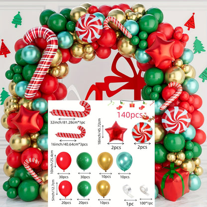 140pcs Golden Foil Latex & Aluminum Balloon Garland Arch Kit for Xmas Party Decorations with Candy Cane & Gift Box Balloons, Red, Green, Includes Balloon Tying Tools