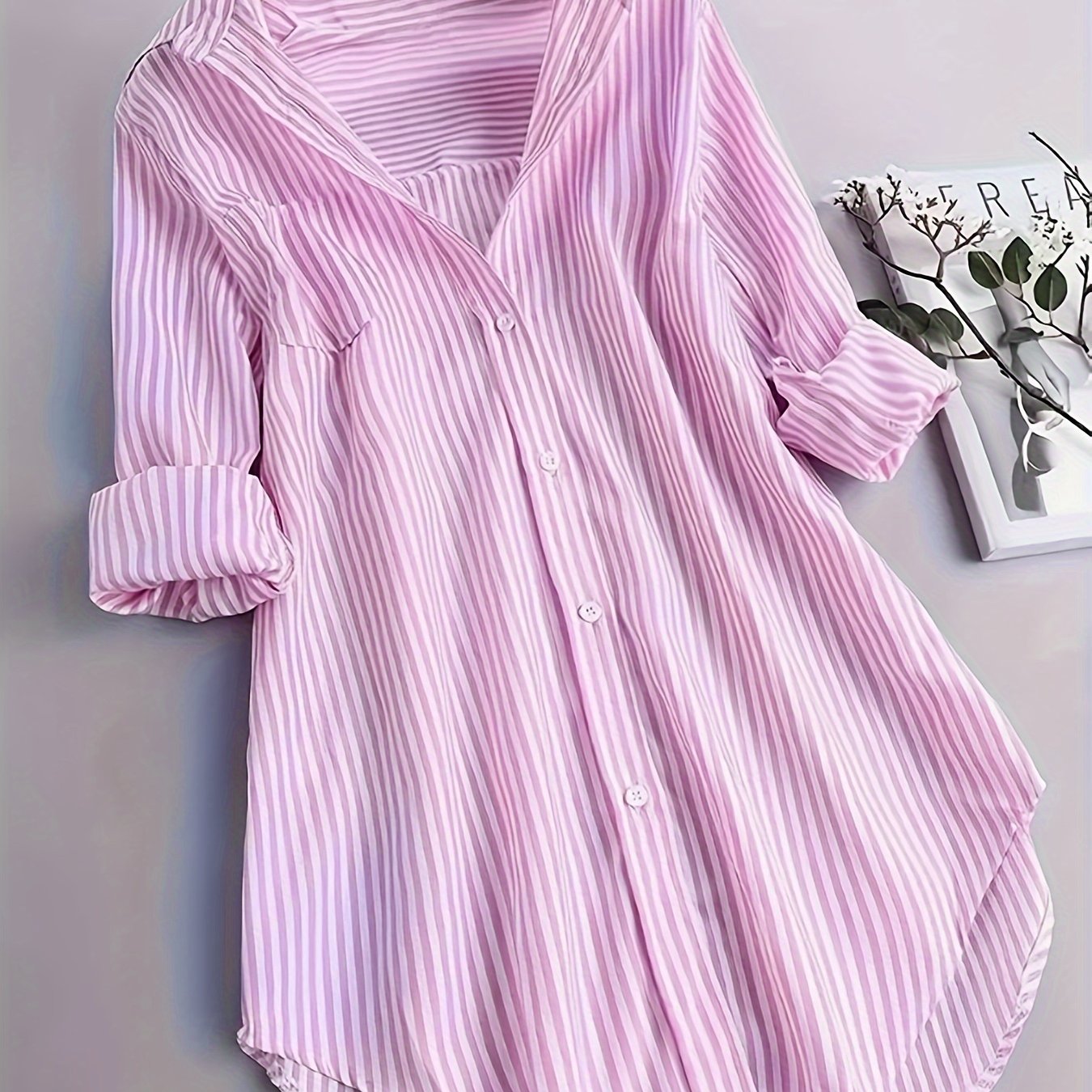 ZllKl Stripe Print Button Front Blouse, Casual Long Sleeve Blouse For Spring & Fall, Women's Clothing