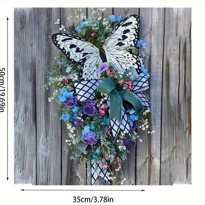Artificial Spring Wreath Flowers Swag with Fake Butterflies Front Door Wreath