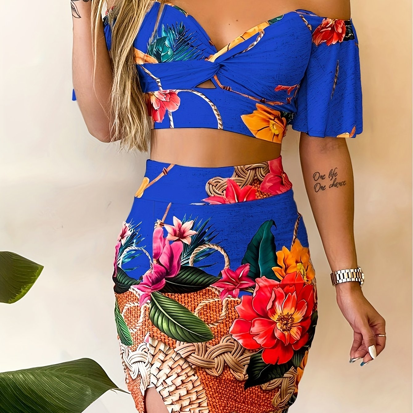 Romantic Boho Floral Two-Piece Outfit Set - Flirty Off-Shoulder Crop Top & Split Skirt - Perfect for Vacation Wear - Womens Summer Fashion