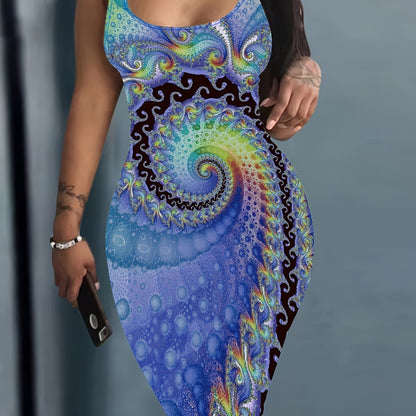 Flattering Abstract Print Sleeveless Tank Dress - Fashion-Forward Casual Style - Figure-Hugging Bodycon Fit - Perfect for Spring & Summer - Comfortable Crew Neckline - Womens Wardrobe Essential