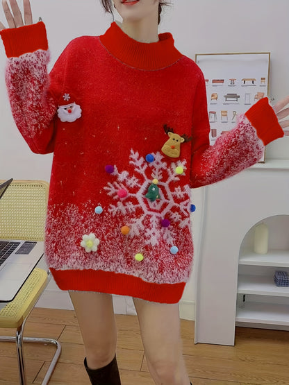 Women'S Festive Christmas Sweater, Long Sleeve, Elegant Style, Polyester, Round Neck, No Belt, Loose Fit, Pullover, Christmas Pattern, Floral Print, Mid-Stretch Fabric, Knee-Length, Leg of Mutton Sleeves, Embellished with Christmas Decor
