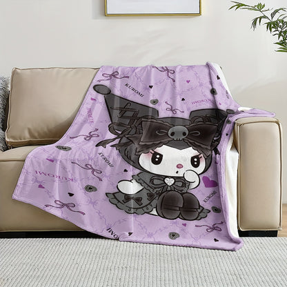 Sanrio Kuromi Cartoon Print Flannel Throw Blanket - Contemporary Style Digital Printing Knitted Polyester Soft Multipurpose All-Season Blanket for Living Room, Bedroom, Camping, Travel - 200-250g Lightweight Warmth