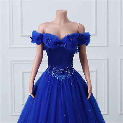 Princess Royal Blue Ball Gown Evening Prom Dresses Elegant Off Shoulders Beads Sequins Ruffles Tulle Long Party Gowns Corset Back Sweet 15 Quinceanera Dresses