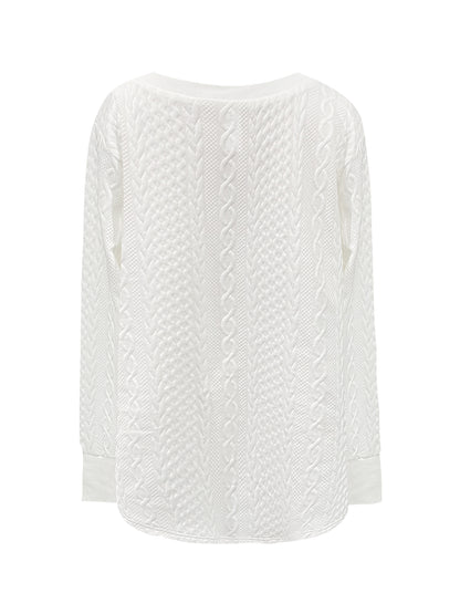 ZllKl Plus Size Casual Sweatshirt, Women's Plus Solid Cable Textured Long Sleeve V Neck Slight Stretch Pullover Top