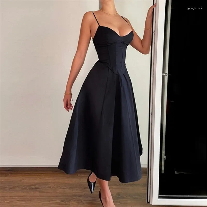 Casual Dresses Women Corsets Dress Summers V Neck Sleeveless Backless A Line Sexy Flowys Sundress Maxi Gifts 066C