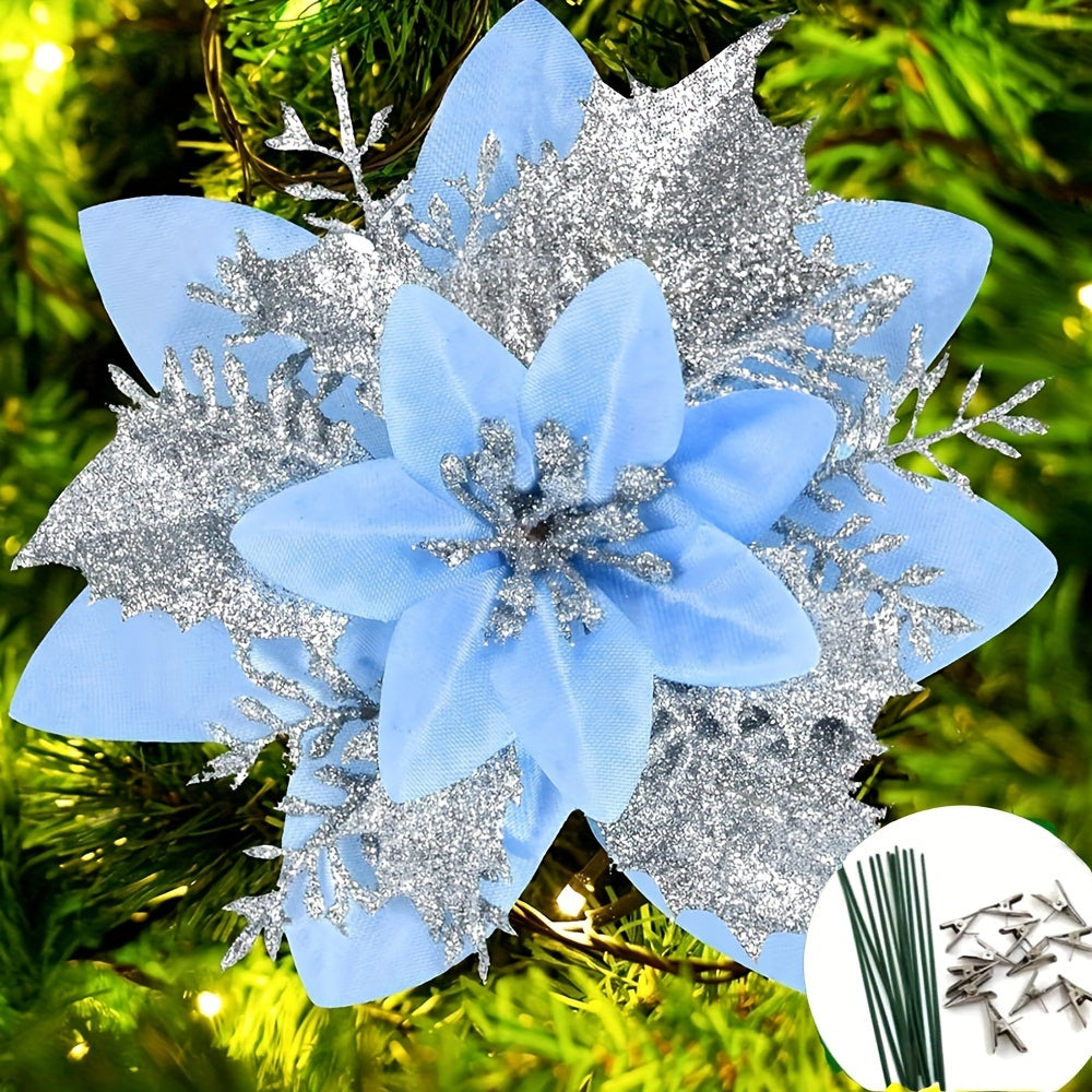 20 PCS Artificial Poinsettia Flowers with Clips - Festive Holiday Decorations for Xmas Tree, Wreath, Party, and Home with Plastic Ornaments