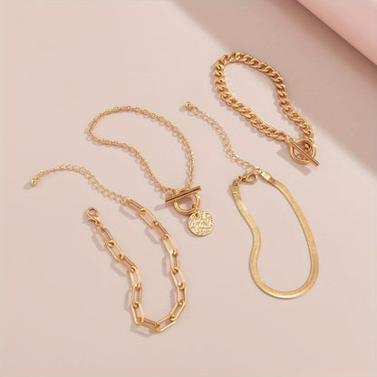 4pcs/set Golden Alloy Punk Chic Hollow Chain Bracelet - Fashionable Unique Accessory for Daily Wear, Party and Gift Idea - Stylish, Durable, Versatile, and Affordable Ladies' Jewelry