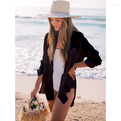 Women's Swimwear Beach Blouse Bikini Sun Protection White Tunic Cover-ups Sexy Summer Wear Swim Suit Cover Up Causal Women Tops