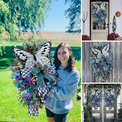 Artificial Spring Wreath Flowers Swag with Fake Butterflies Front Door Wreath