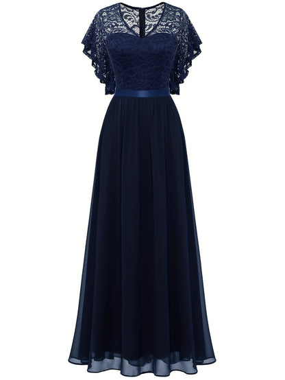 Stunning Lace Splicing V-Neck Bridesmaid Dress - Elegant Ruffle Sleeve, A-Line Floor Length, Perfect for Wedding Party - Womens Formal Clothing for Special Occasions