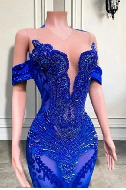 Luxurious Royal Blue Mermaid Prom Dresses Elegant Off Shoulder Lace Sequins Appliques Cascading Rose Flowers Long Evening Gowns Formal Occasion Vestidos BC18313