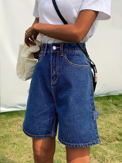 ZllKl  Blue Non-Stretch Denim Shorts, Slash Pockets Straight Legs Casual Short Denim Pants, Women's Denim Jeans & Clothing