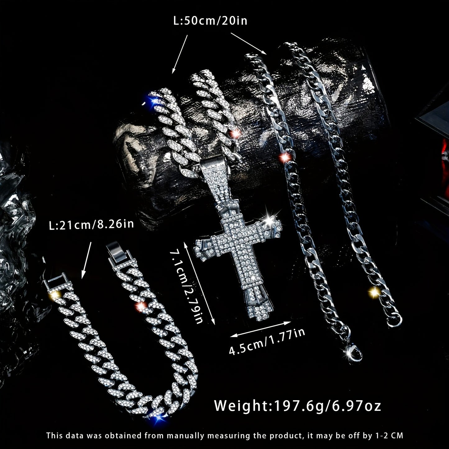 Multilayered Chain Bracelet & Pendant Necklace Set - Rhinestone Embellished, Zinc Alloy Made, Street Style Unisex Jewelry Gift for Women Men - Perfect for Everyday Wear