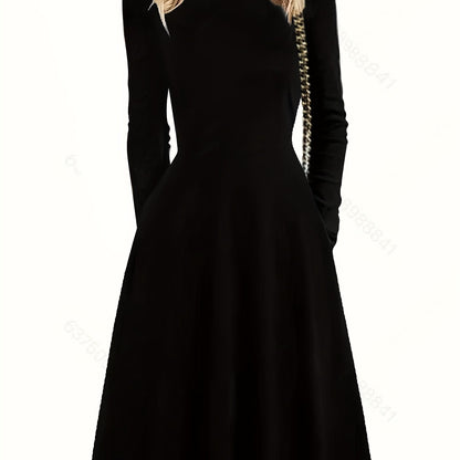 Flare Dress - Cozy Long Sleeves, Effortless Casual Style, Classic Crew Neck, Flattering A-line Silhouette - Perfect for Transitional Seasons, Spring and Fall, Designed Exclusively for Women