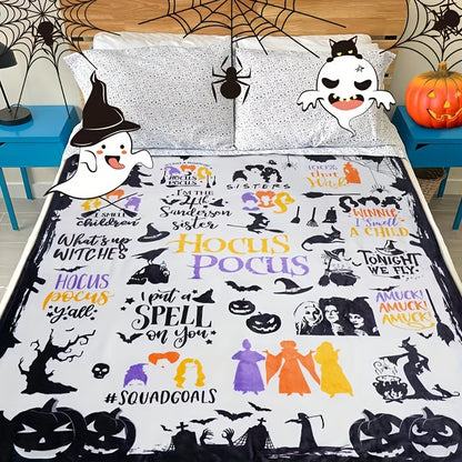 Hocus Pocus Themed Flannel Throw Blanket - Contemporary Geometric-Patterned, Machine Washable, Hypoallergenic - Multipurpose, All Seasons Horror Decor with Digital Print for Couch, Bed, Travel - Polyester, Knitted, Soft Plush Fabric