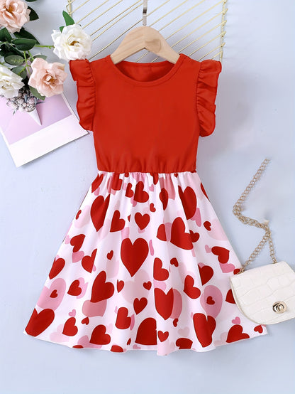 Toddler Girls Splicing Heart Graphic Flutter Trim Sleeveless Dress Spring Summer Valentine's Day Gift