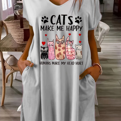 Plus Size CATS Print V Neck Tee Dress, Casual Pocket Short Sleeve Loose Dress For Spring & Summer, Women's Plus Size Clothing
