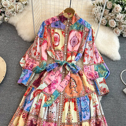Basic Casual Women Dresses Runway Designer Spring Linen Maxi Dress for Women Elegant Long Lantern Sleeve Colorblack Printed Party Vestidos Aline