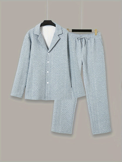 2 Pcs Men's 3D Embossed Jacquard Suit Collar Long Sleeve & Trousers Pajama Set, Comfortable & Skin-friendly Style Men's Cozy Loungewear