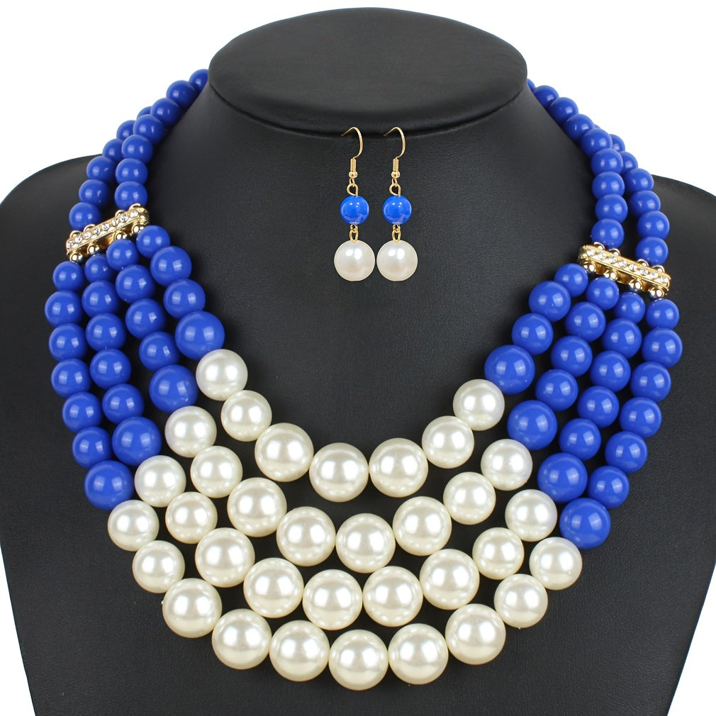 Charm Women Fashion Jewelry Insert Rhinestone Faux Pearl Necklace Bracelet Earrings Set