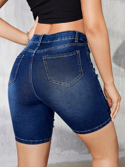 ZllKl  Ripped Raw Hem Bermuda Denim Shorts, Distressed Washed Blue Slim Fit Denim Shorts, Women's Denim Jeans & Clothing