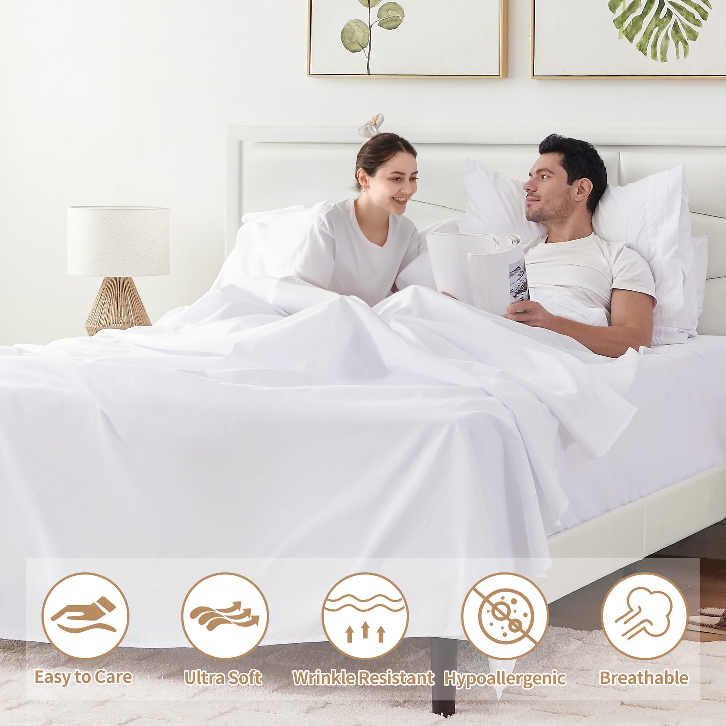 6 Piece Cooling Sheets Queen Set,Extra Deep Pocket White Queen Sheets & 4 Pillowcases,Breathable & Washable Queen Bedding Sheets,Wrap-around Elastic & Wrinkle Free Soft Queen Sheets