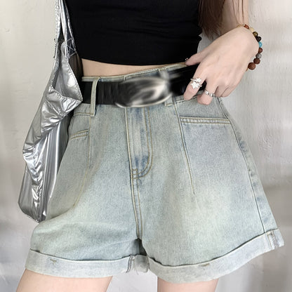 ZllKl  High Waist Casual Denim Shorts, Rolled Hem Loose Fit Short Denim Pants, Women's Denim Jeans & Clothing