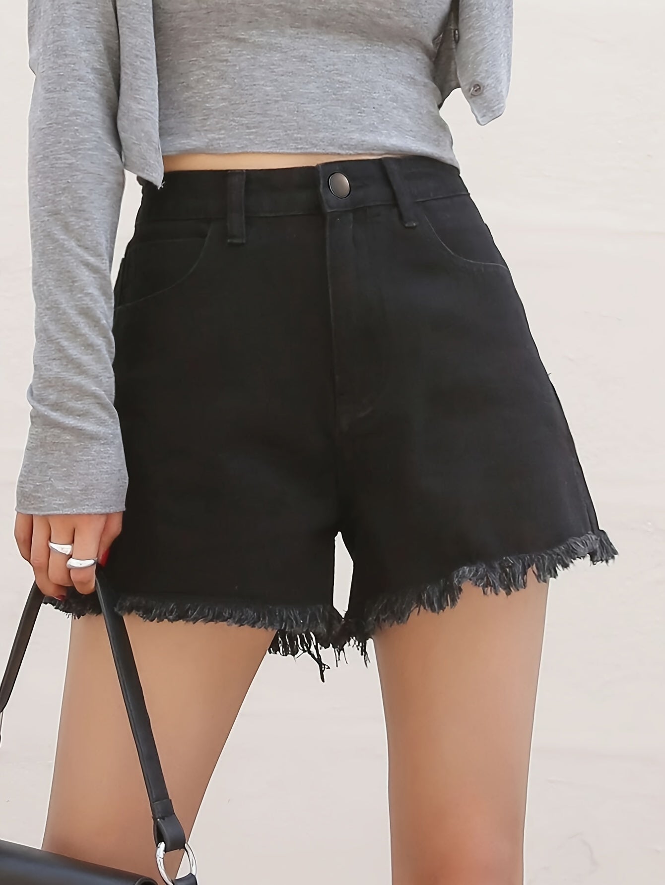 ZllKl  High Waist Fashion Denim Shorts, Frayed Hem Slash Pockets Short Denim Pants, Women's Denim Jeans & Clothing