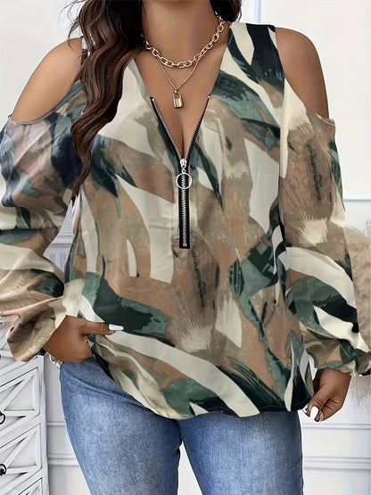 Plus Size Elegant V Neck Long Sleeve Blouse with Zip Front - Cold Shoulder, Non-Stretch Polyester Fabric, Random All Over Print, Perfect for Spring and Fall Seasons