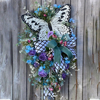 Artificial Spring Wreath Flowers Swag with Fake Butterflies Front Door Wreath