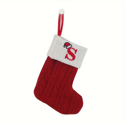 Classic Initial Mini Christmas Stockings, 1pc, Embroidered Alphabet Knit Red and White Themed Socks for Home, Christmas Tree, Mantel Decoration, No Feathers, Polyester - Festive Holiday Decor