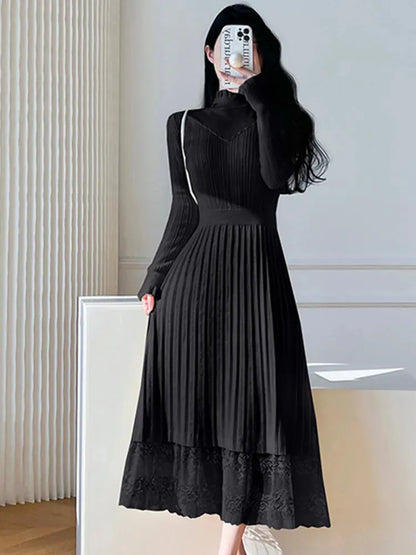 Basic Casual Dresses New Autumn Winter Elegant Knitted Lace Patchwork Pleated Dress Women Long Sleeve Office Lady Sweater Dress Vestidos