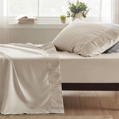 4pcs Luxurious Microfiber Sheet Set - 14" Deep Pocket, Exquisite Pinch Pleat, Shrink-Resistant, Fade-Resistant, Soft & Comfortable Bedding Set With Pillowcase, Flat Sheet, Fitted Sheet - Modern Design For All Season, Dorm Bedding For College Set