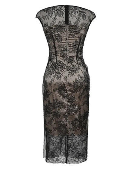Basic Casual Dresses Women Fashion French Retro Maxi Dress Woman Sheer Mesh Lace Embroidery Skinny Robe Party Vestidos Prom Banquet Gown Femme