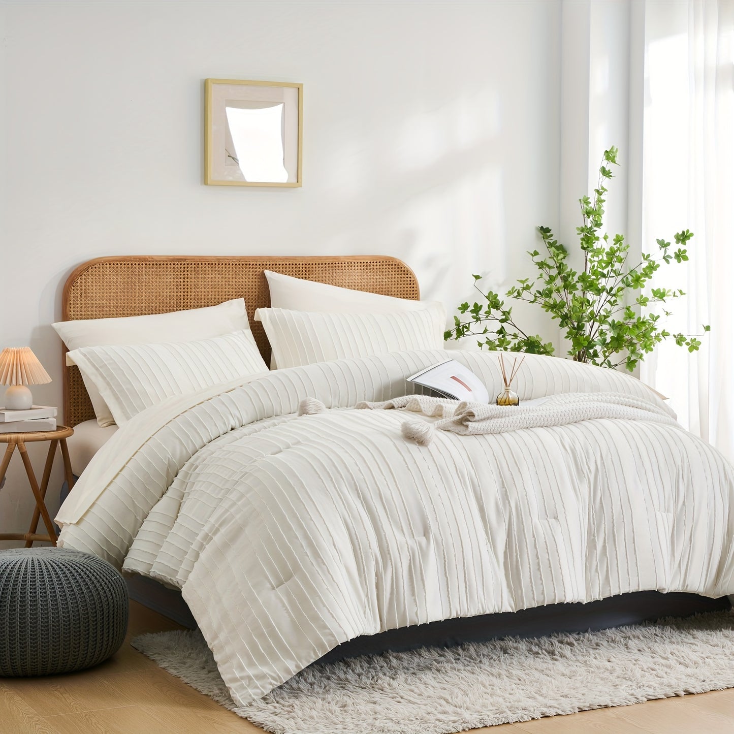 7-Piece Boho Chic Striped Textured Pattern Bed Set - Soft, Lightweight, Microfiber Bedding with Shabby Chic Design - Queen/King Size Bed in a Bag for All Seasons with Easy Care