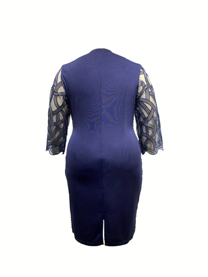 Plus Size Midi Fitted Bodycon Dress - Elegant Crew Neck, Three Quarter Sleeve, Slight Stretch, Contrast Sequin Stitching, Solid Color, Polyester, Hand Wash, Spring/Summer, Mature Occasion