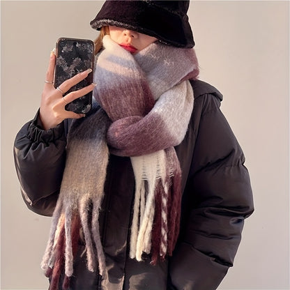 Autumn Winter Rainbow Color Boho Plaid Tassel Chunky Scarf - Soft Imitation Mohair, Eye-Catching Tassel Details, Thick and Plush Design, Long Stylish Neckerchief - Vibrant Shawl for Cold Weather