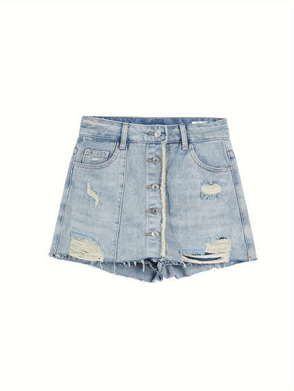 ZllKl  Women's Summer Street Style High-Waisted Denim Skirt Shorts With Single-breasted Raw Hem Button-Up Detail And Distressed Design For Casual Wear