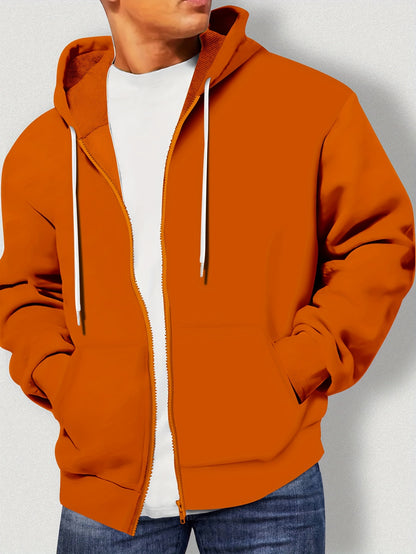 100% Polyester Plus Size Solid Color Zip-Up Hoodie for Men - Preppy Sports Style with Hood, Non-Stretch Drawstring Detail, Regular Fit for Spring/Fall Activities