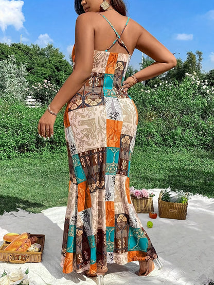 Plus Size Midi Length V Neck Spaghetti Strap Patterned Cami Dress - Elegant Vacation Style Backless Criss Cross Mermaid Hem Design, Non-Stretch Polyester Fabric, Perfect for Weekend Casual Spring and Summer Occasions