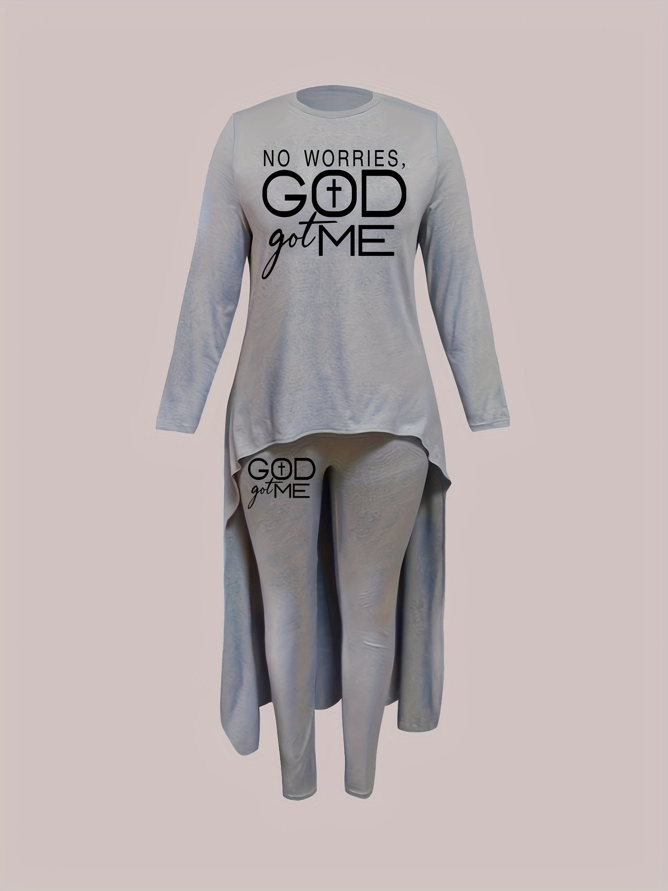 Two-Piece Letter Print Crew Neck Set - Soft Micro Elastic Polyester Long Sleeve T-Shirt & Leggings for Women - Machine Washable, Casual, Spring/Fall Wear with Alphabets Positioning Printing