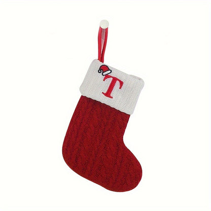 Classic Initial Mini Christmas Stockings, 1pc, Embroidered Alphabet Knit Red and White Themed Socks for Home, Christmas Tree, Mantel Decoration, No Feathers, Polyester - Festive Holiday Decor