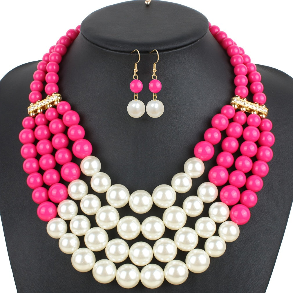 Charm Women Fashion Jewelry Insert Rhinestone Faux Pearl Necklace Bracelet Earrings Set