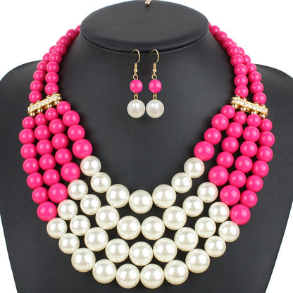 Charm Women Fashion Jewelry Insert Rhinestone Faux Pearl Necklace Bracelet Earrings Set
