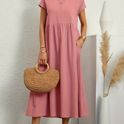 Plus Size Elegant Fit and Flare Crew Neck Dress with Pockets - Soft Medium Stretch Polyester, Solid Color, Short Sleeve, Midi Length, Perfect for Spring and Summer - Womens Casual Comfortable Knit Fabric Clothing