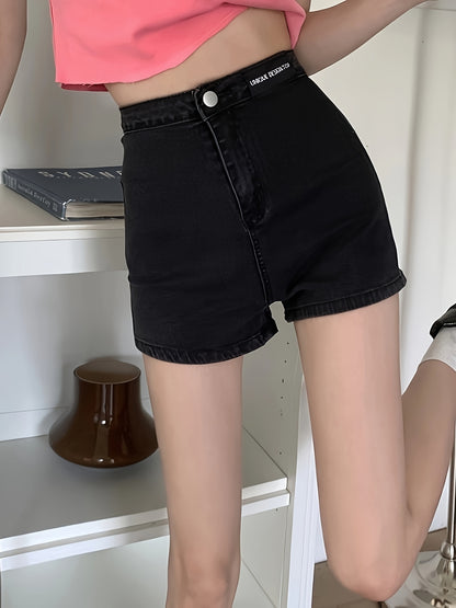 ZllKl  High Waist Denim Shorts For Women, Slim Fit, Stretchy Shorts, Casual Style, Plain Black Color Jean Shorts