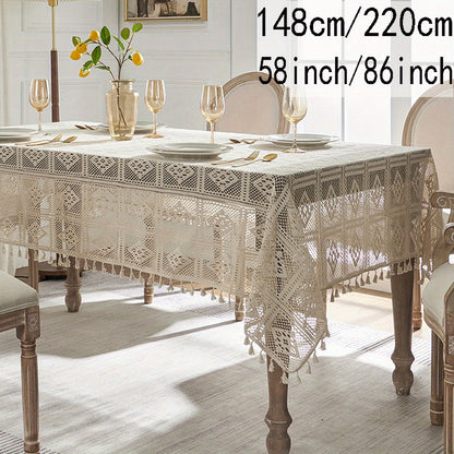 1pc Beige Linen Cotton Blend Crochet Tablecloth with Tassel - Tablecloths - Rustic American Pastoral Style Decor for Picnic, Holiday Party, and Home - Easy Care and Durable