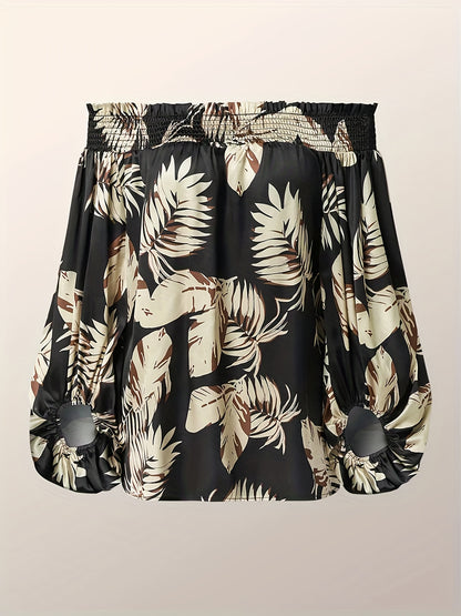 Plus Size Tropical Print Blouse - Relaxed Fit, Shirred Details, Off Shoulder, Lantern Sleeves - Perfect for Plus Size Women, Everyday Wear, Summer Outings, and Tropical Getaways